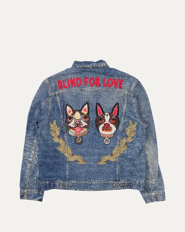 Versatile Style Blind For Love Embroidered Boston Terrier Appliqué Denim Trucker Jacket