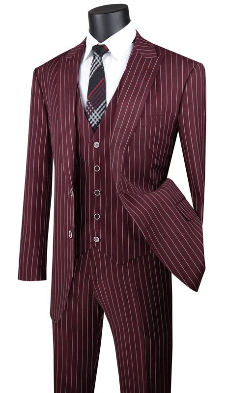 Varsity Jackets Odyssey Collection - Burgundy Regular Fit 3 Piece Suit 2 Button Gangster Stripe