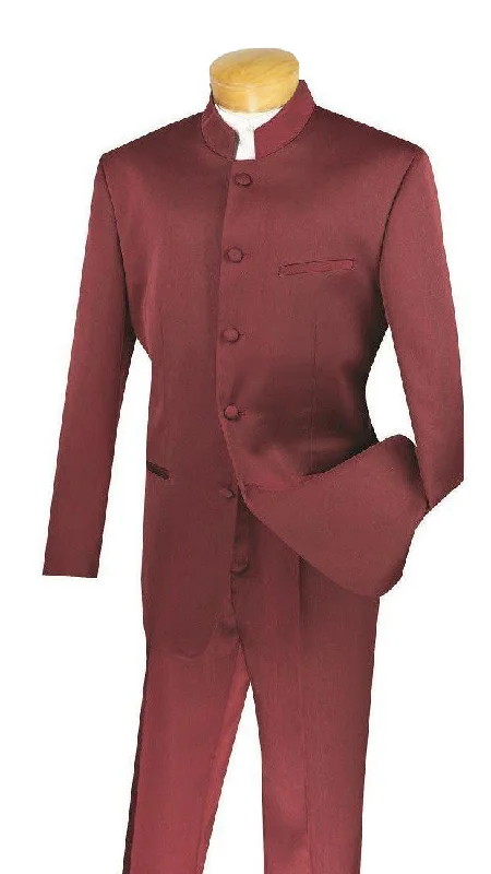 Long Trench Coats Master Collection - Regular Fit Men's 2 Piece Banded Collar Tuxedo Burgundy