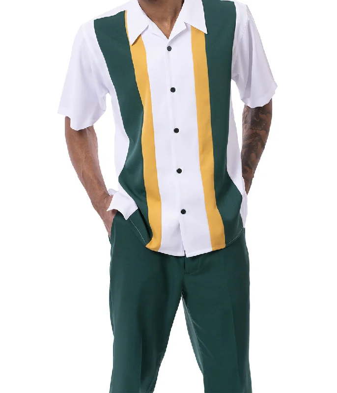 Comfy Jackets Emerald/Gold Vertical Color Block Walking Suit 2 Piece Short Sleeve Set