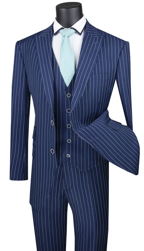 Lightweight Coats Odyssey Collection - Blue Regular Fit 3 Piece Suit 2 Button Gangster Stripe