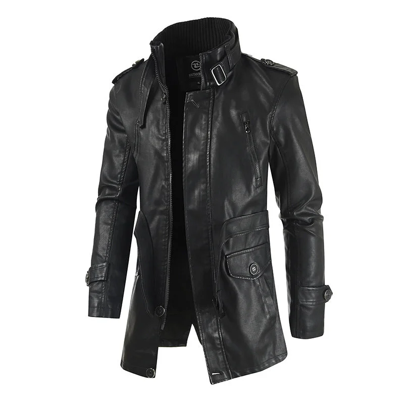 Classic Leather Men's Mid-length Leather Stand Collar Fleece-lined Thickened Coat