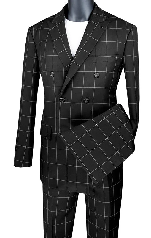 Cozy Apparel Naples Collection - Black Modern Fit Double Breasted Windowpane Peak Lapel 2 Piece Suit