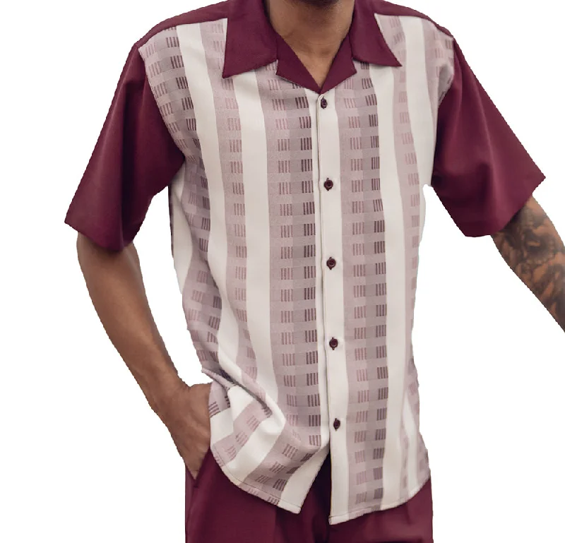 Casual Trends Burgundy Color Striped Walking Suit 2 Piece Short Sleeve Set