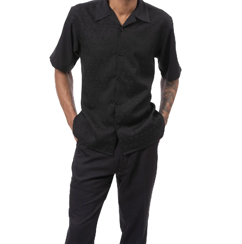 Comfortable Outfits Black Tone-on-tone Walking Suit 2 Piece Short Sleeve Set