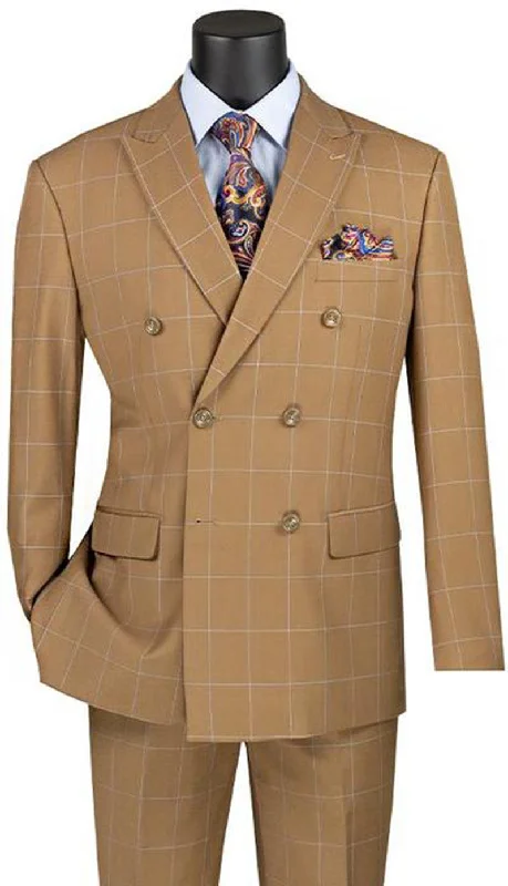 Heavy Coats Naples Collection - Camel Modern Fit Double Breasted Windowpane Peak Lapel 2 Piece Suit