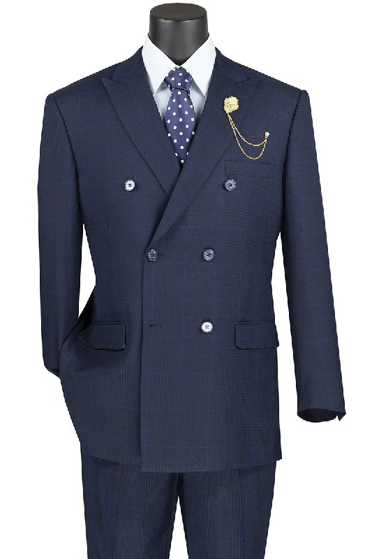 Comfortable Shoes Alexander Collection - Navy Double Breasted 2 Piece Suit Regular Fit Tone on Tone Windowpane