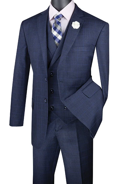 Urban Comfort Venetian Collection - Navy Regular Fit Glen Plaid 2 Button 3 Piece Suit