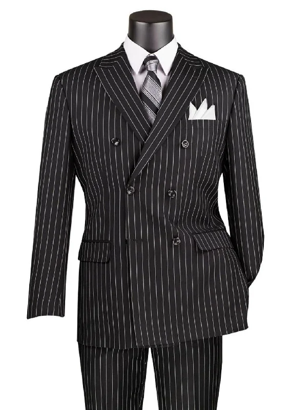 Soft Layers Rockefeller Collection - Double Breasted Stripe Suit Black Regular Fit 2 Piece