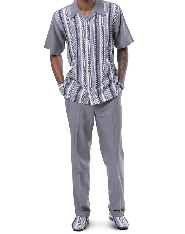 Relaxed Wardrobe Gray Weave Design Walking Suit 2 Piece Short Sleeve Set