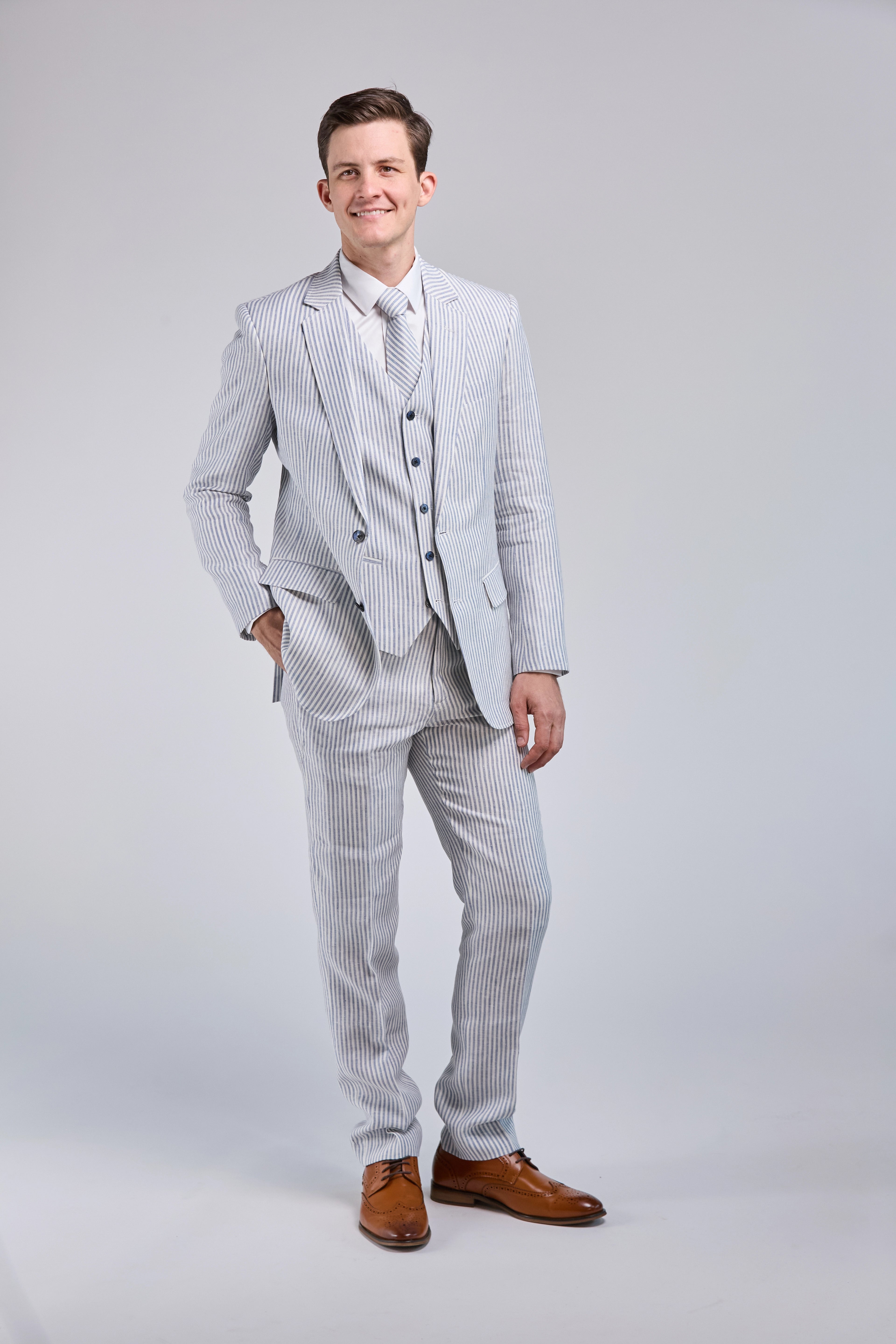 Casual Boots White & Blue Stripe Linen 3 Piece Suit