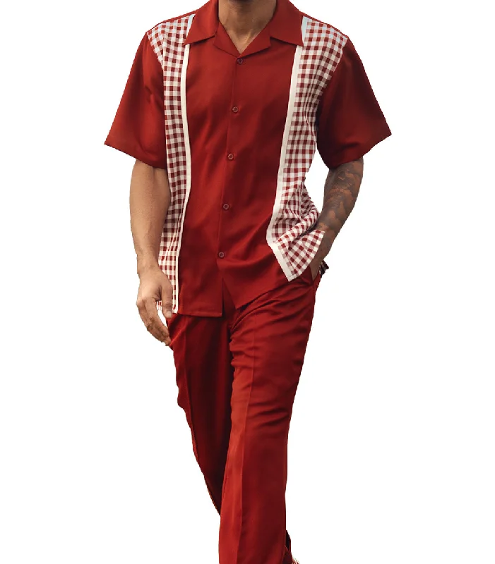 Stylish Apparel Burgundy Checker Plaid Walking Suit 2 Piece Short Sleeve Set