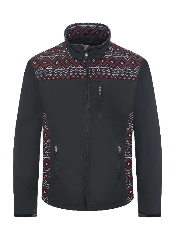 Easygoing Fashion Black w/ Burgundy Soft Shell Men's Canvas Aztec Jacket