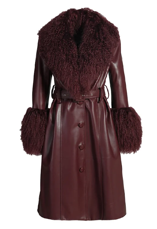 Active Wear ADARA Burgundy Leather Coat with Mongolian Fur