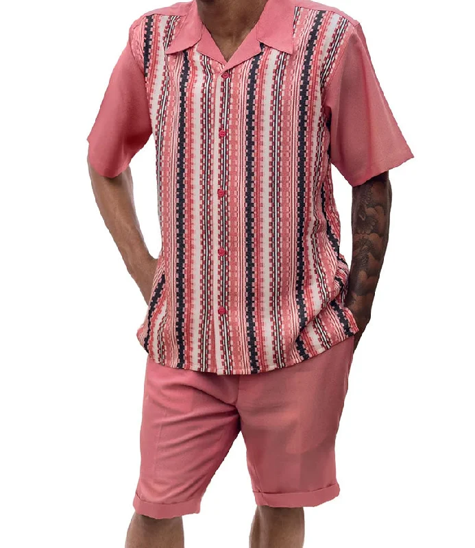 Lightwear Options Pink Vertical Mini Plaid Walking Suit 2 Piece Set Short Sleeve Shirt with Shorts