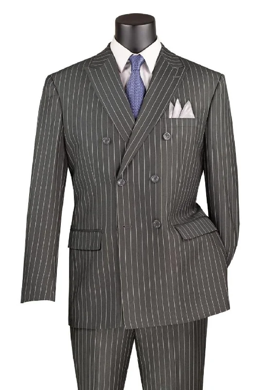 Bold Prints Rockefeller Collection - Double Breasted Stripe Suit Charcoal Regular Fit 2 Piece