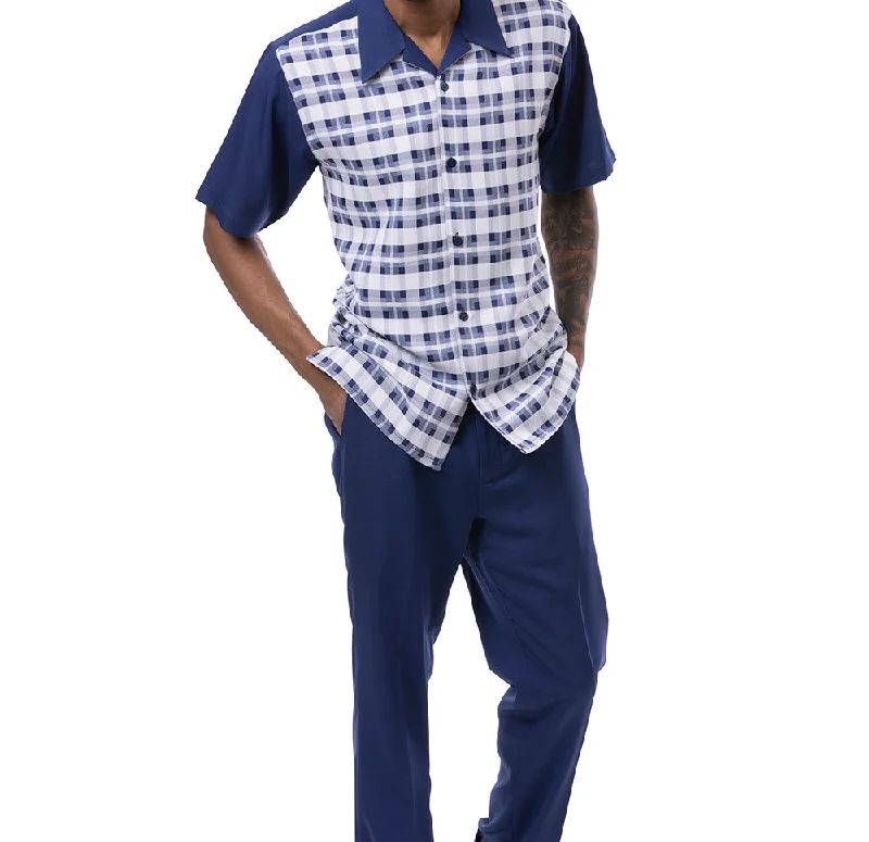 Classic Casual Navy Shadow Plaid Design Walking Suit 2 Piece Short Sleeve Set