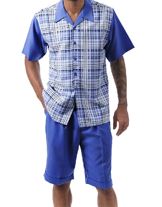 Casual Cardigans Cobalt Blue Plaid Walking Suit 2 Piece Short Sleeve Set with Shorts