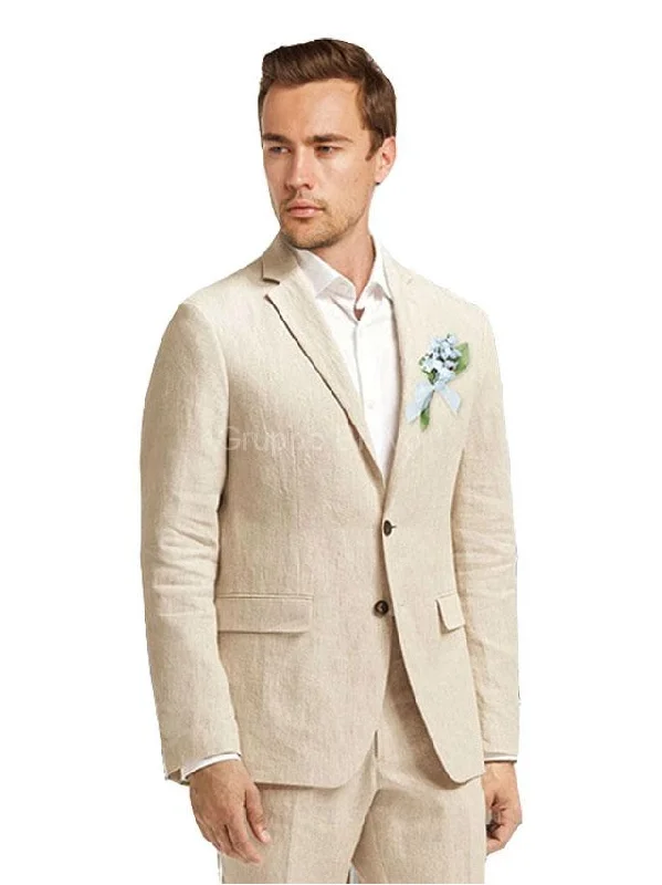 Lounge Wear Label E Men's Solid Tan Classic Fit 100% Linen Suit