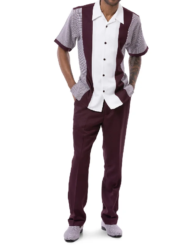 Relaxed Pants Wine Vertical Color Design Walking Suit 2 Piece Short Sleeve Set