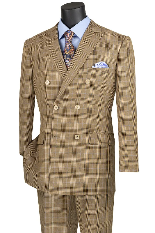 Printed Scarves Alexander Collection - Mocha Double Breasted 2 Piece Suit Regular Fit Tone on Tone Windowpane