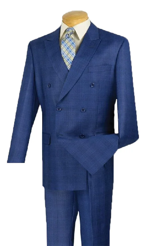 Trendy Outerwear Alexander Collection - Blue Double Breasted 2 Piece Suit Regular Fit Glen Plaid