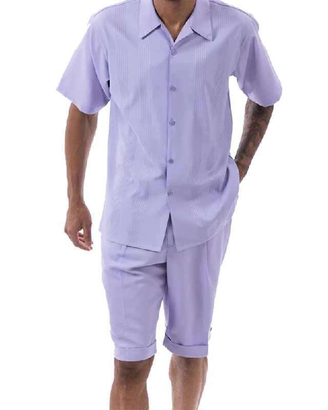 Effortless Comfort Lavender Tone on Tone Vertical Stripes Walking Suit 2 Piece Short Sleeve Set with Shorts