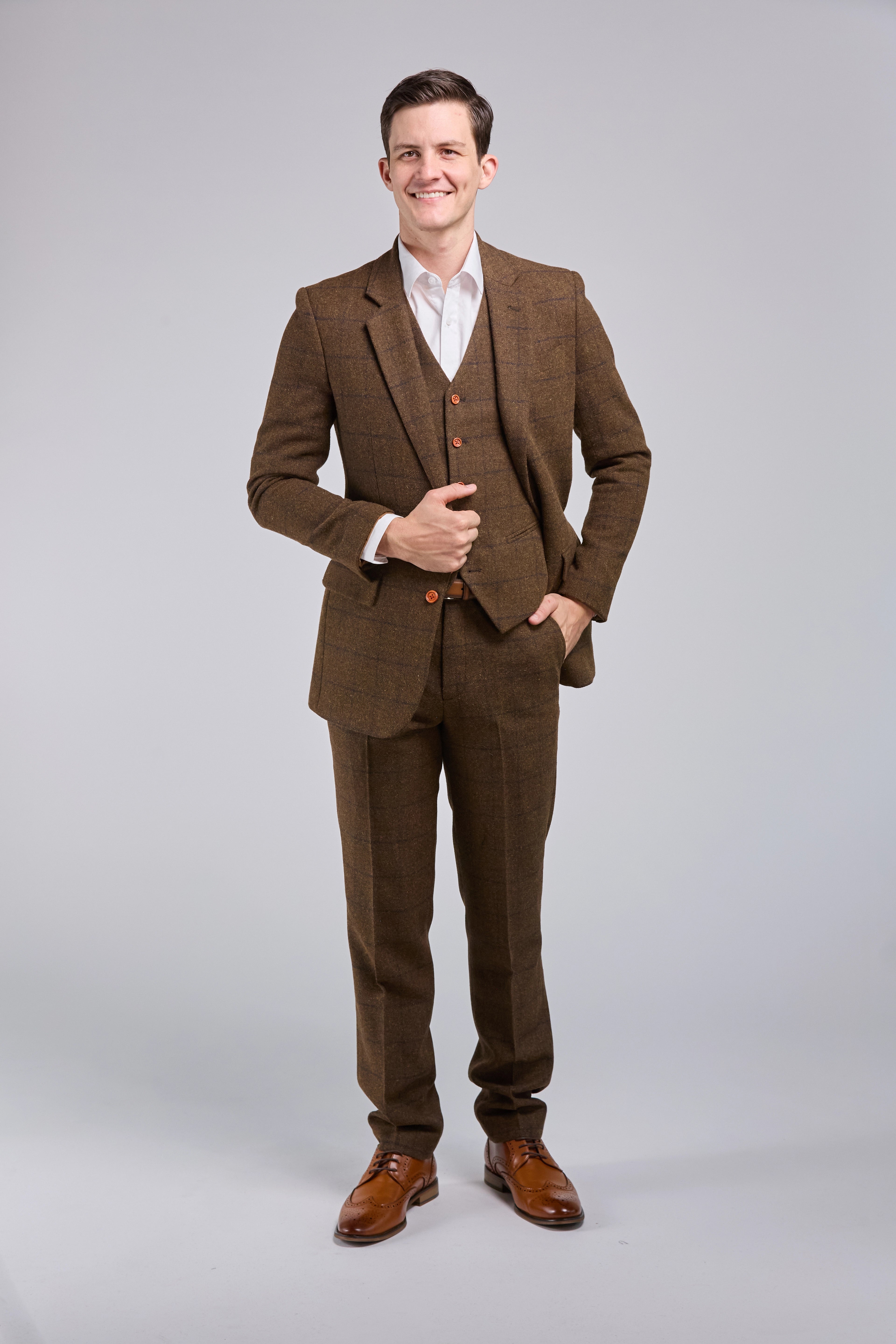 Tailored Comfort Brown Check Tweed 3 Piece Suit