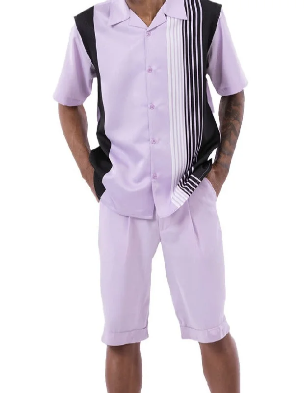 Smart Wear Lavender Vertical Stripe Walking Suit 2 Piece Set Short Sleeve Shirt with Shorts