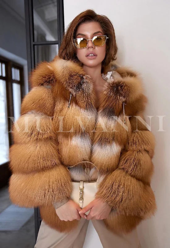 Retro Style CLAIRE Hooded Red Fox Fur Coat