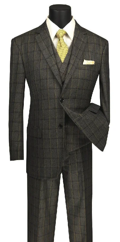 Parkas Style Atrani Collection - Regular Fit Windowpane Suit 3 Piece in Brownish Olive