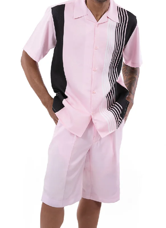 Leather Bags Pink Vertical Stripe Walking Suit 2 Piece Set Short Sleeve Shirt with Shorts