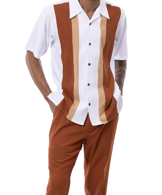 Outdoor Clothing Cognac/Tan Vertical Color Block Walking Suit 2 Piece Short Sleeve Set