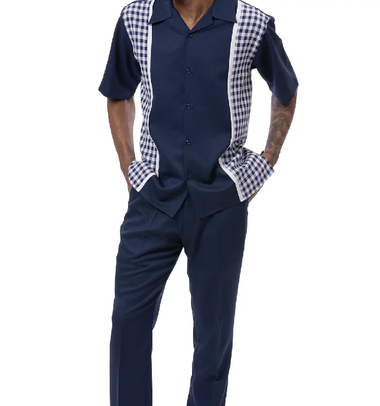 Casual Blazers Navy Checker Plaid Walking Suit 2 Piece Short Sleeve Set