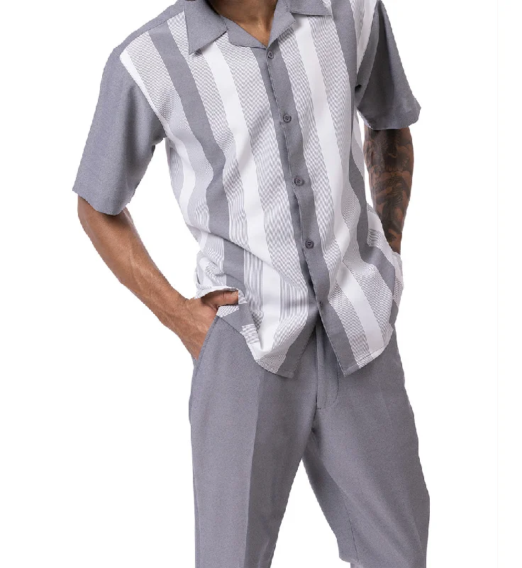 Sporty Jackets Gray Vertical Stripes Walking Suit 2 Piece Short Sleeve Set