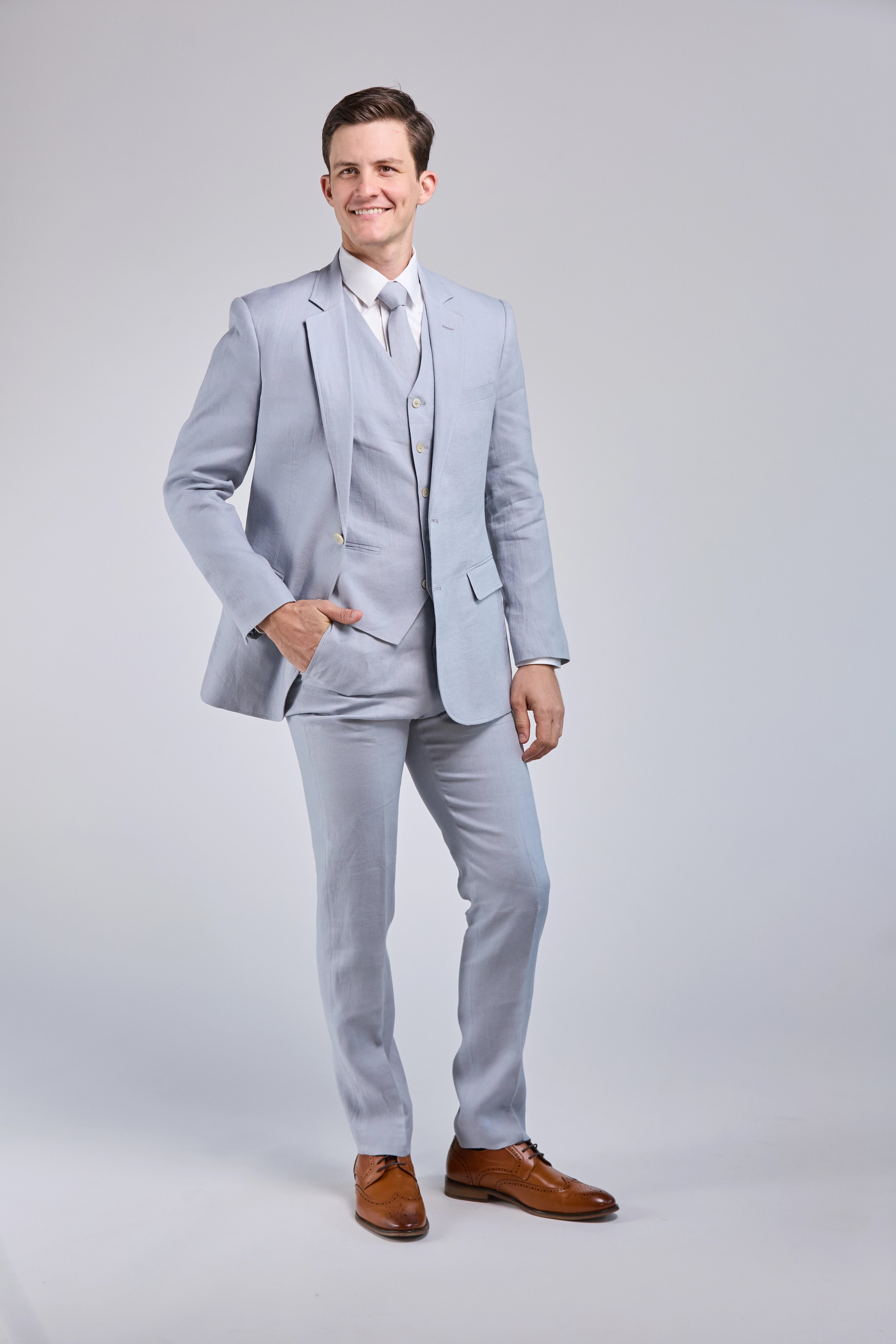 Soft Fabrics Light Blue Linen 3 Piece Suit