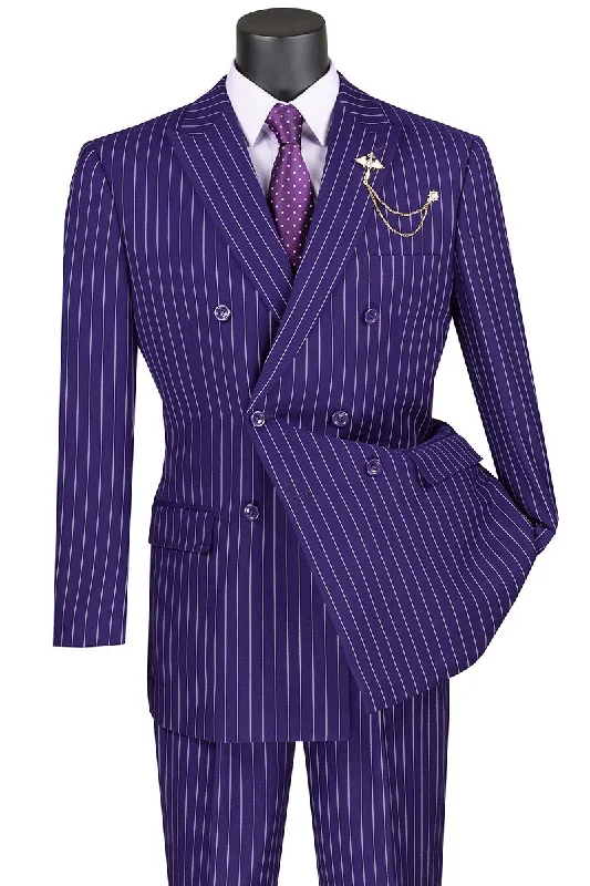 Casual Hoodies Rockefeller Collection - Double Breasted Stripe Suit Purple Regular Fit 2 Piece