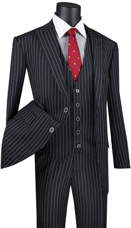 Sporty Wardrobe Odyssey Collection - Black Regular Fit 3 Piece Suit 2 Button Gangster Stripe