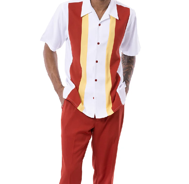 Dapper Suits Crimson/Canary Vertical Color Block Walking Suit 2 Piece Short Sleeve Set