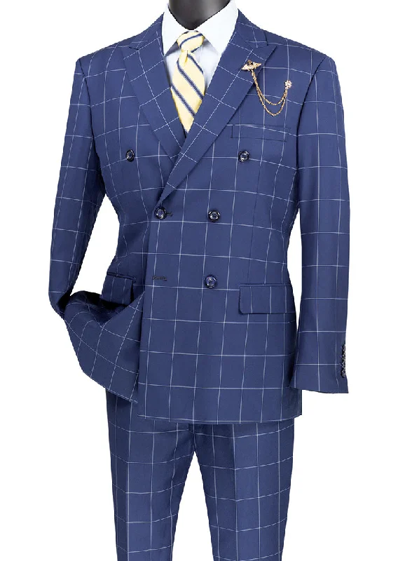 Comfortable Pants Naples Collection - Blue Modern Fit Double Breasted Windowpane Peak Lapel 2 Piece Suit