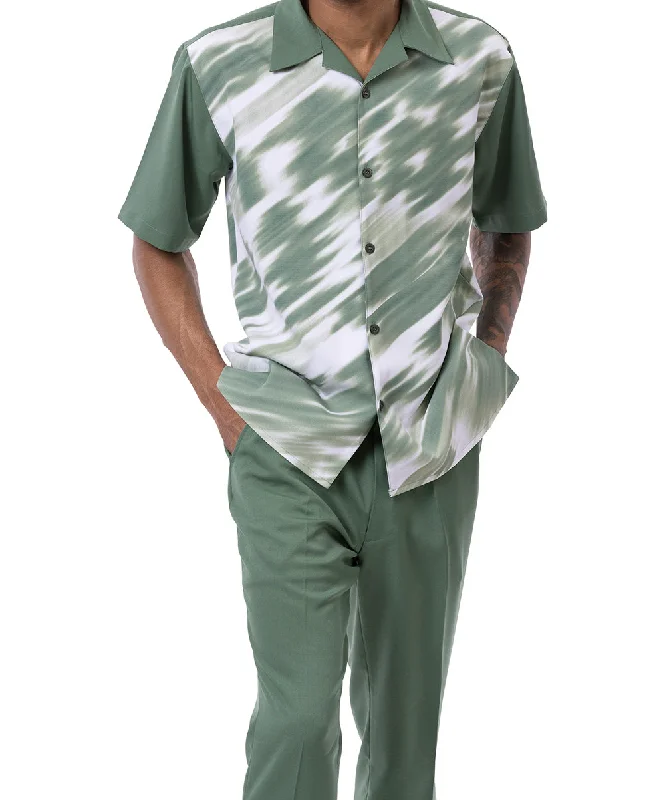 Street Style Emerald Abstract Print Walking Suit 2 Piece Short Sleeve Set