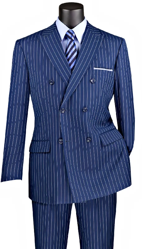 Easygoing Fashion Rockefeller Collection - Double Breasted Stripe Suit Blue Regular Fit 2 Piece