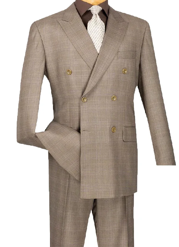 Laid-Back Style Alexander Collection - Tan Double Breasted 2 Piece Suit Regular Fit Glen Plaid