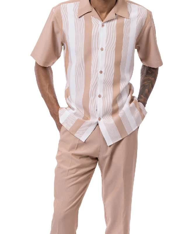 Minimalist Style Beige Vertical Stripes Walking Suit 2 Piece Short Sleeve Set