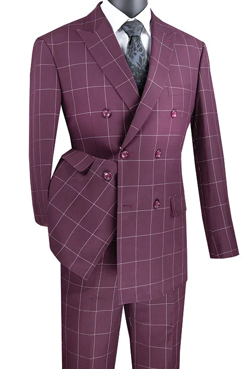 Casual Chinos Naples Collection - Wine Modern Fit Double Breasted Windowpane Peak Lapel 2 Piece Suit