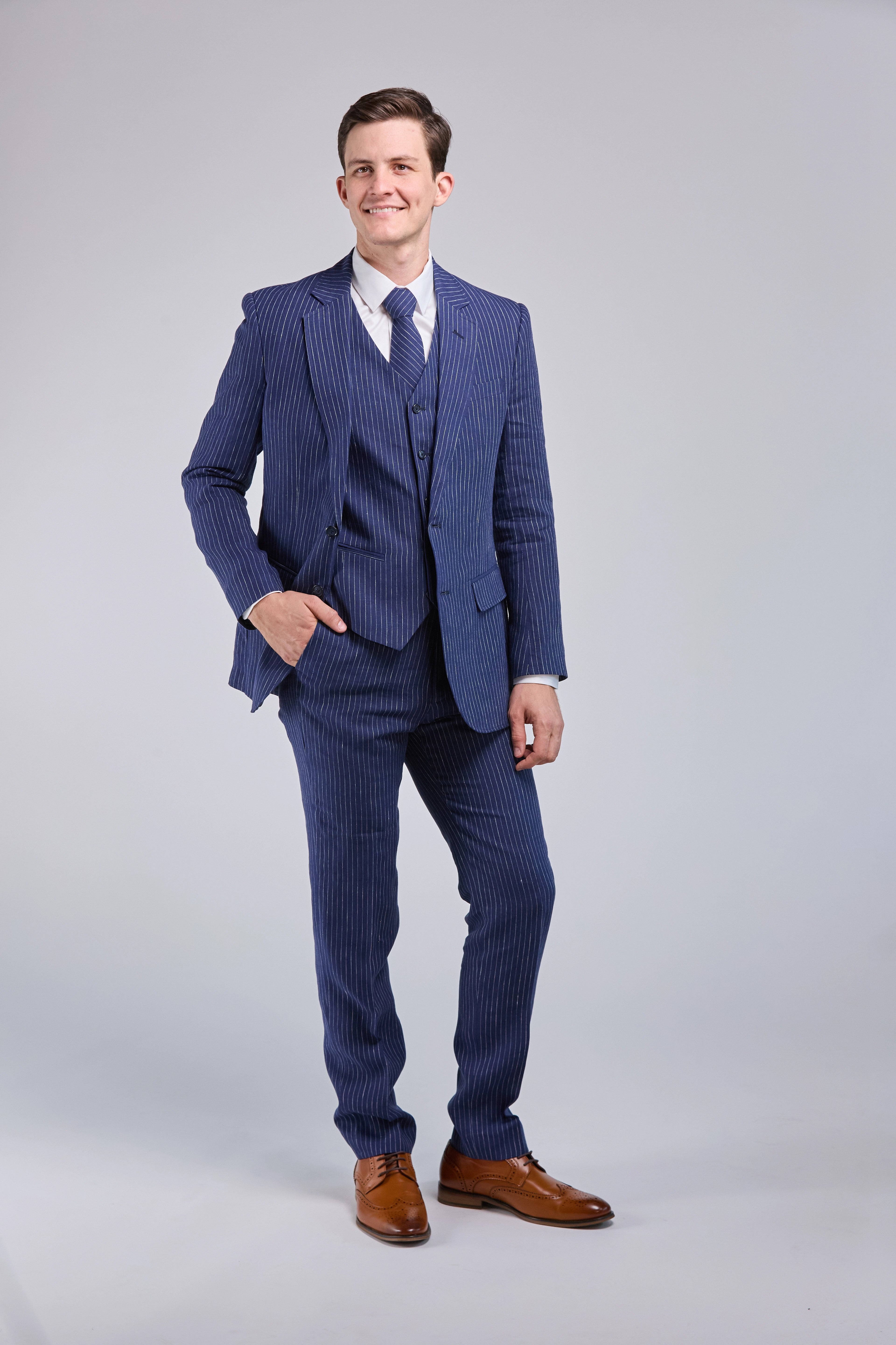 Stylish Comfort Navy Pinstripe Linen 3 Piece Suit