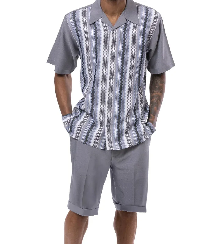 Basic Fashion Gray Vertical Mini Plaid Walking Suit 2 Piece Set Short Sleeve Shirt with Shorts