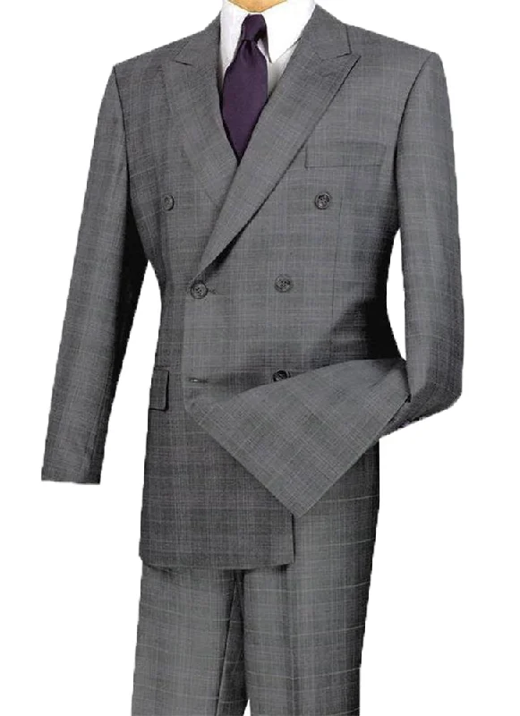 Weekend Outfits Alexander Collection - Gray Double Breasted 2 Piece Suit Regular Fit Glen Plaid