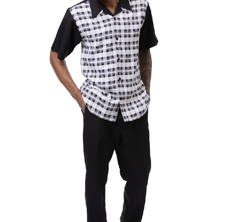 Outdoor Wear Black Shadow Plaid Design Walking Suit 2 Piece Short Sleeve Set