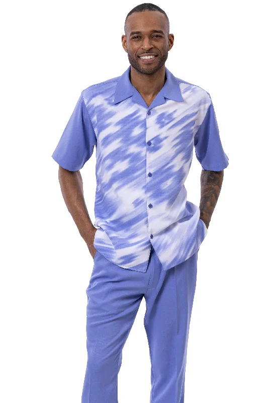 Casual Wear Vibique Collection: Montique Abstract Print 2-Piece Walking Suit Set in Blue - 2404